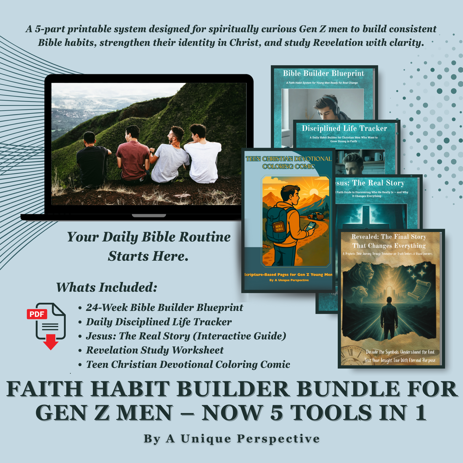 Faith Habit Builder Bundle for Gen Z Men – 4-Part Printable Bible Study System with Jesus Guide, Habit Tracker, and Revelation Study PDF